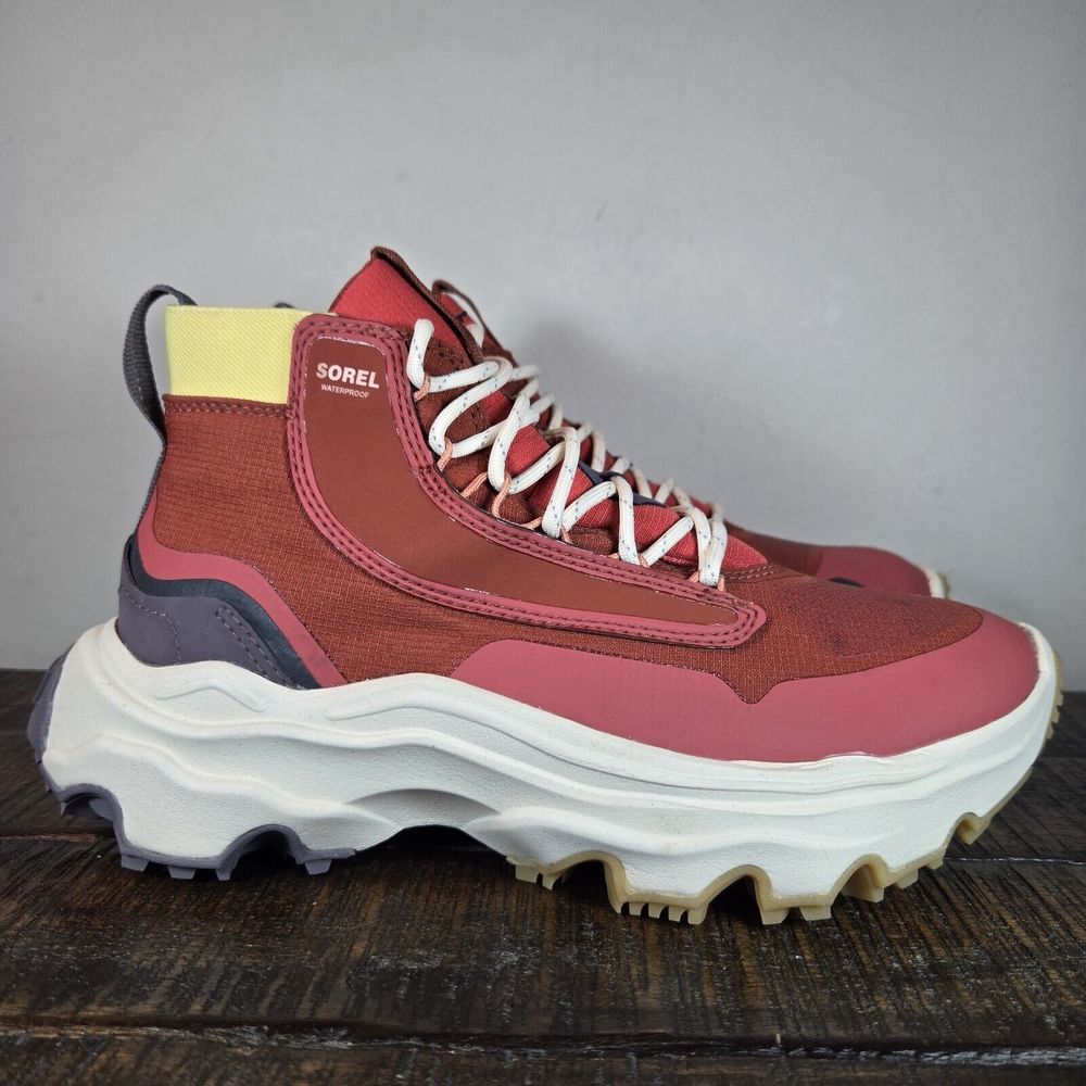 Sorel Red and Cream Waterproof Kinetic Breakthru Venture Mid Ankle Sneaker Boots